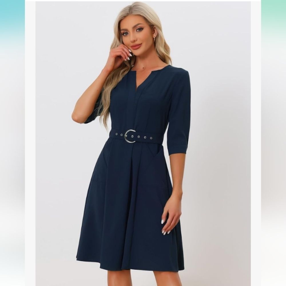 Allegra K Navy Blue Belted V Neck Dress with Pockets Size Medium NWT P2P 20 in - Picture 2 of 6